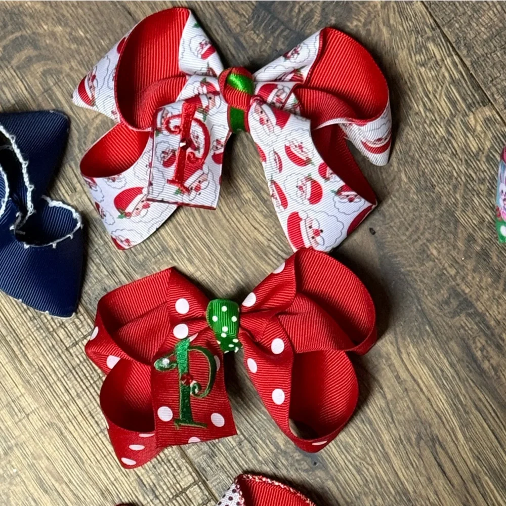 Handmade Red, Green, and White Christmas Hair Bows with the Letter P Embroidery.
